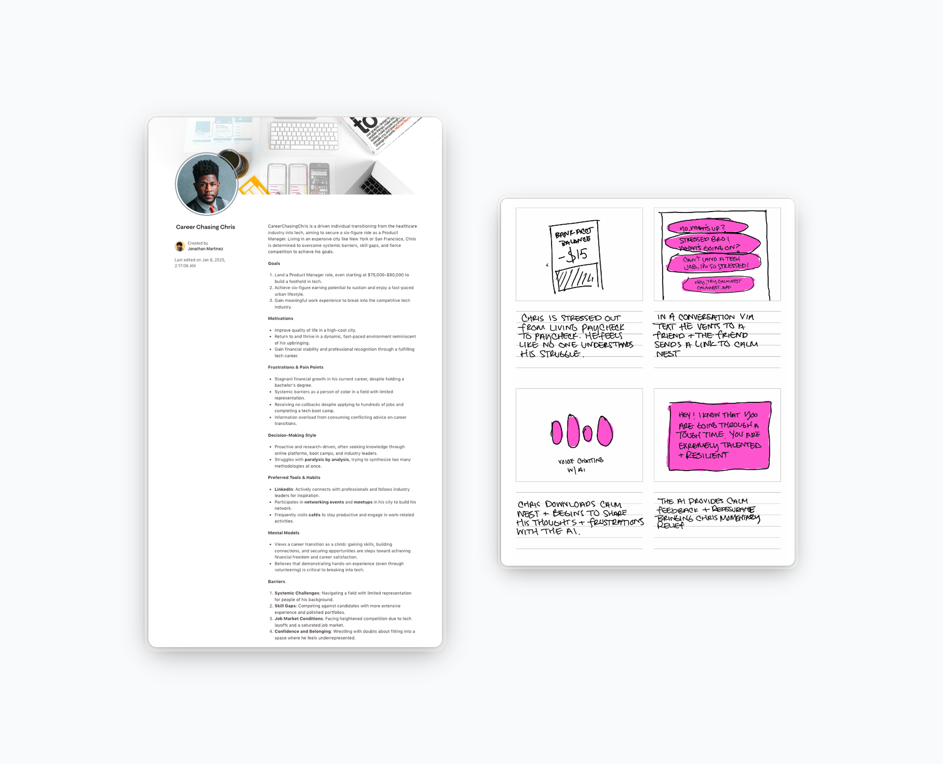 Career Chasing Chris persona and AI-assistance storyboard