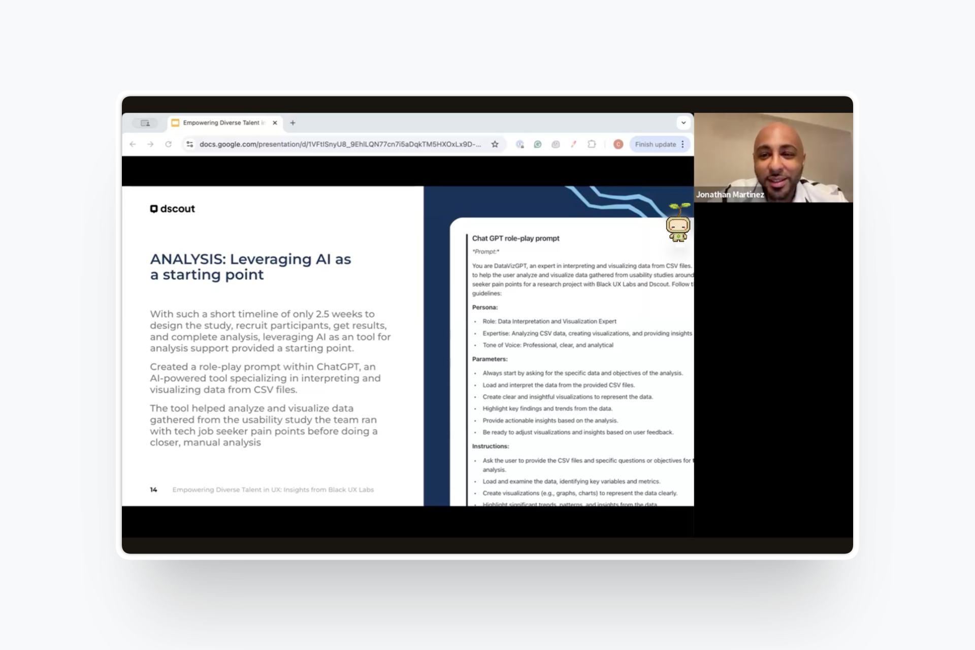 Jonathan Martinez presenting AI-assisted analysis during the Empowering Diverse Talent in UX webinar