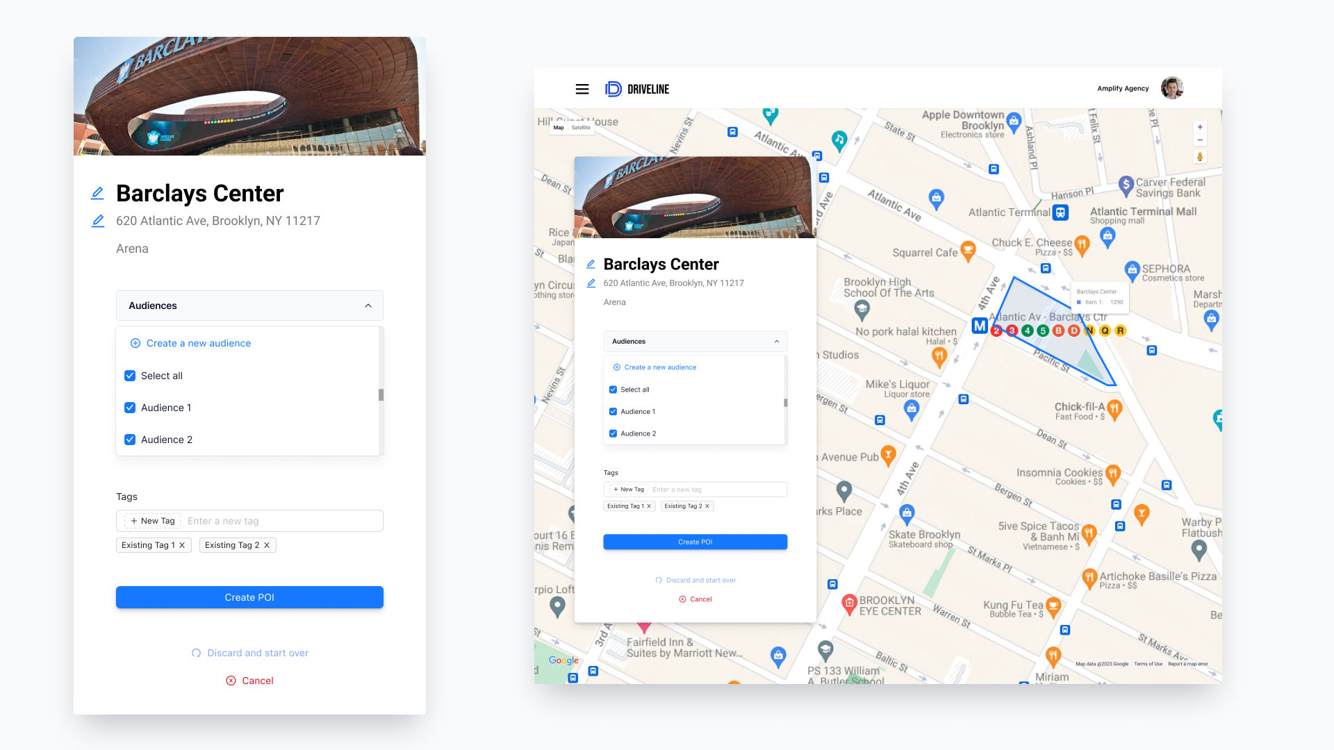 Driveline point-of-interest manager shown across mobile and desktop map interfaces.